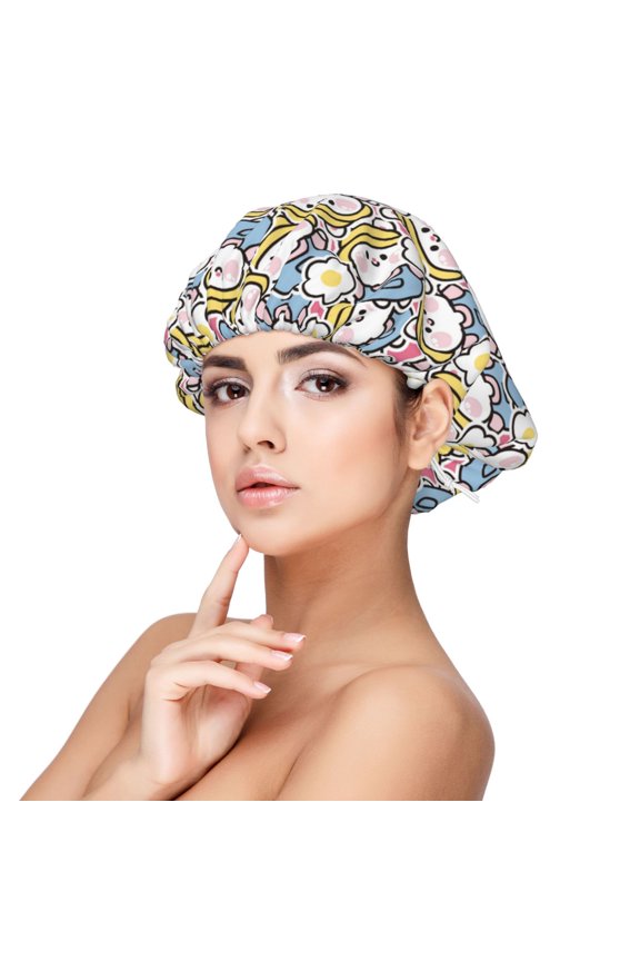 Cute Rabbit Print Silk Bonnet Satin Bonnet for Sleeping Women and Men,Double Layer Hair Bonnet for Curly Braids Hair