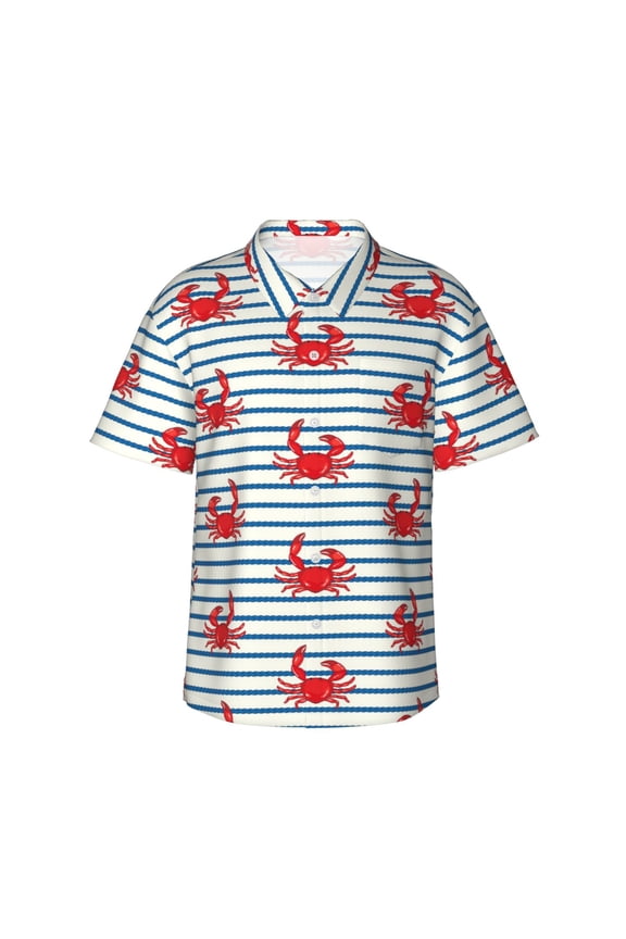 Cute Red Crabs With Nautical Print Mens Hawaiian Shirts,Loose-Fit Short Sleeve Button Down Tropical Aloha Beach Shirt,Summer Vacation Wedding Tops,Large