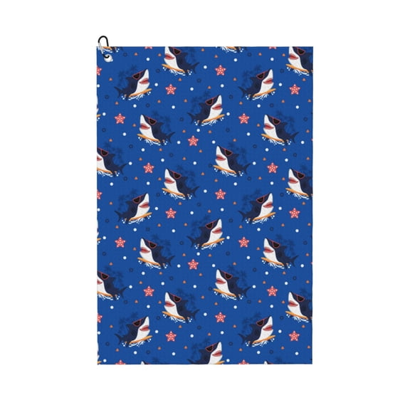 Logiee Cute Shark Cartoon Print Golf Towels,16" x 24" Portable Golf Towel for Golf Bag with Carabiner Clip to Quickly Remove Sand,Mud and Sweat