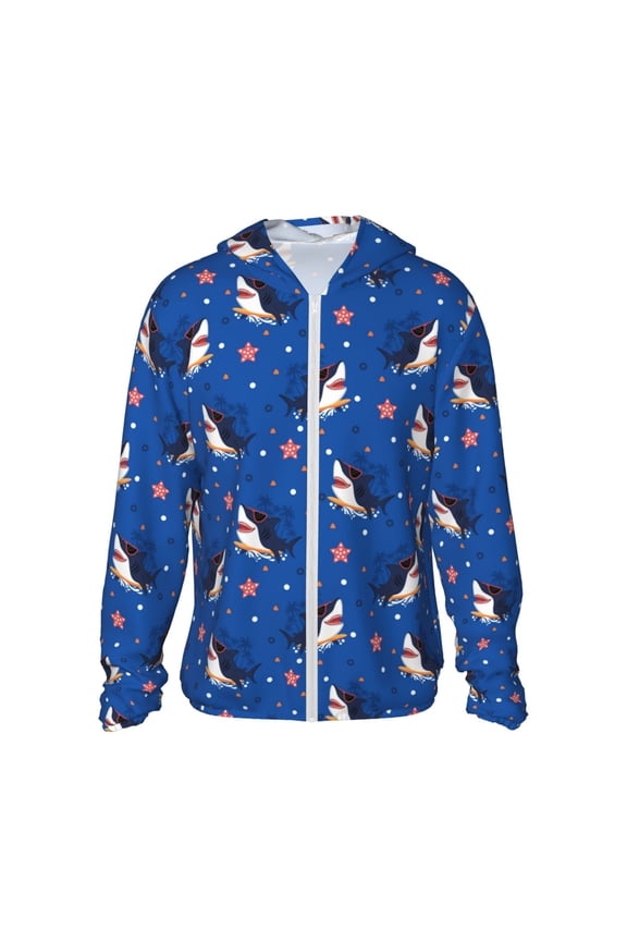 Cute Shark Cartoon Print Men's Women Light Jacket Full Zip Sun Protection Hoodie Long Sleeve Sun Shirts for Men Hiking Fishing Zip Pockets-3X-Large