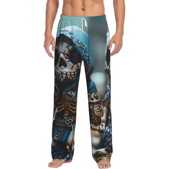 Logiee Cute Skeletons Figurines Print Pajama Pants for Men,Men’s Pajama Bottoms,Mens PJ Pants with Pockets & Button Fly-Small