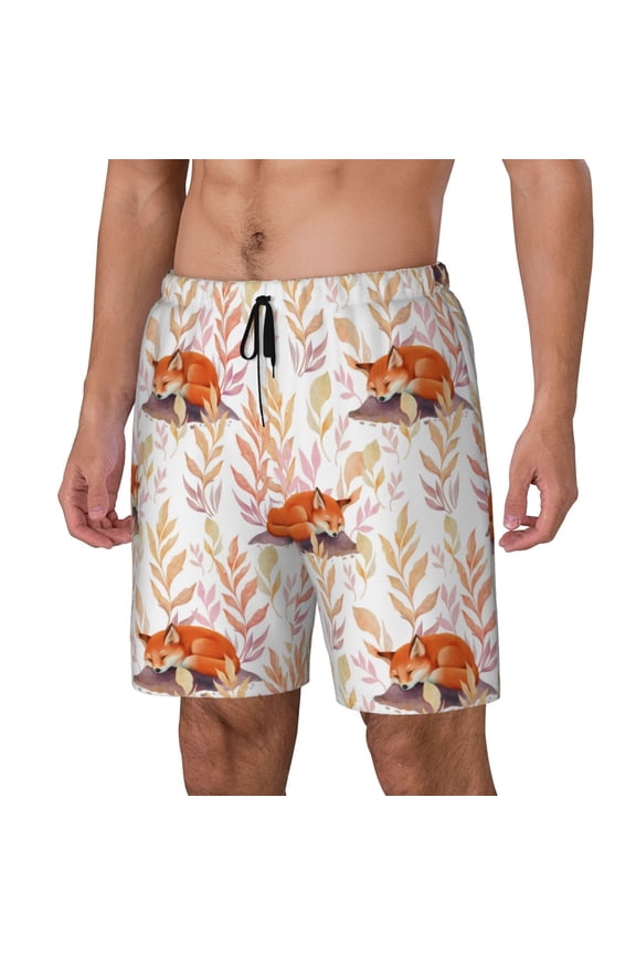 Cute Sleepy Fox Print Men's Swim Trunk,Quick Dry Board Shorts ,Men's Swim Trunks with Compression Liner, Bathing Suits with Pockets-Medium