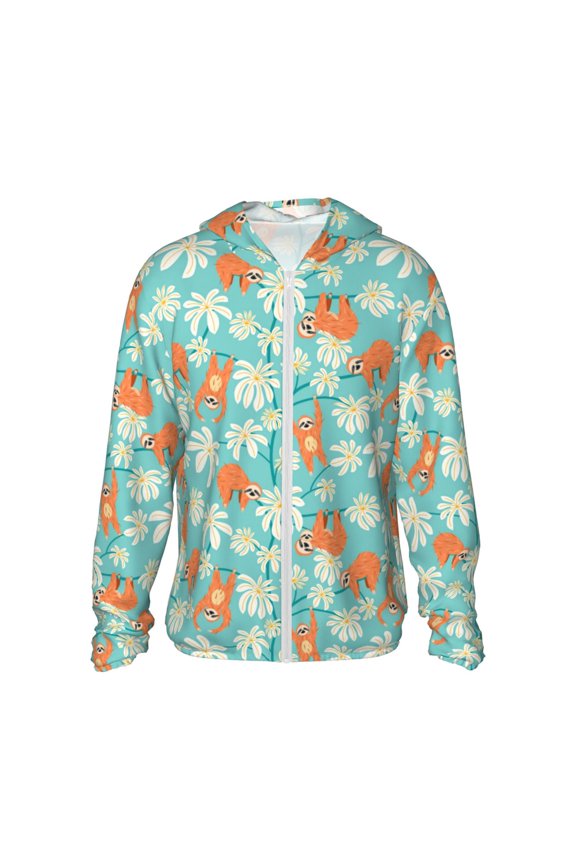 Cute Sloth on Floral Tree Print Men's Women Light Jacket Full Zip Sun Protection Hoodie Long Sleeve Sun Shirts for Men Hiking Fishing Zip Pockets-Small
