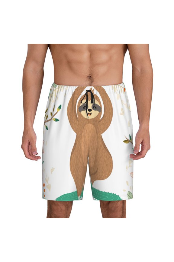 Cute Sloth In Yoga Pose Tree Print Men's Pajama Shorts with Drawstring & Pockets,Sleep Shorts for Men,Sleepwear Bottoms,Elastic Waistband Loungewear-Medium