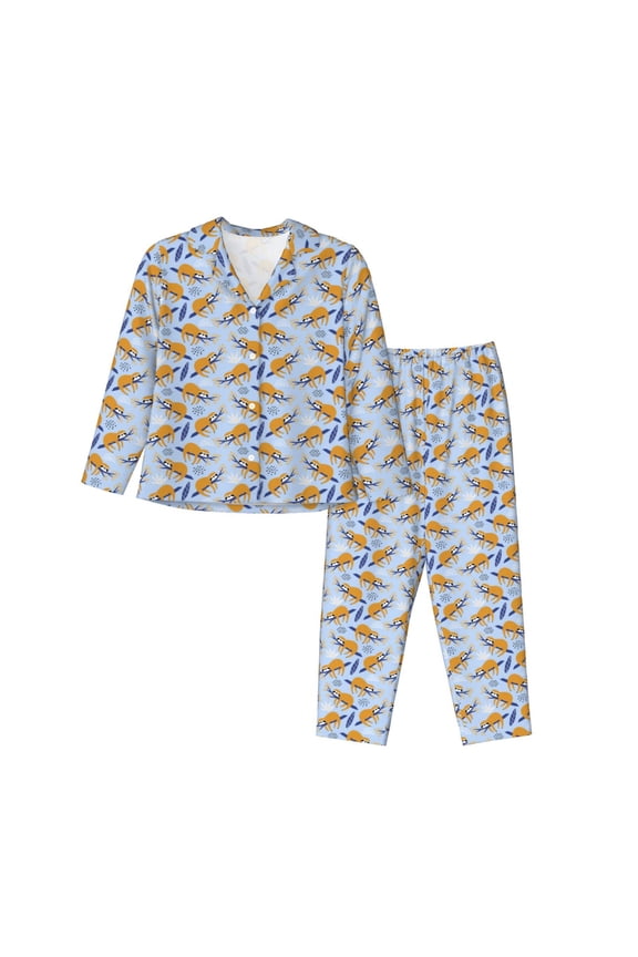 Cute Sloth Print Womens Pajamas Set,Long Sleeve Sleepwear,Button Down Lounge Set 2 Pieces,Soft Nightwear Pjs Set-