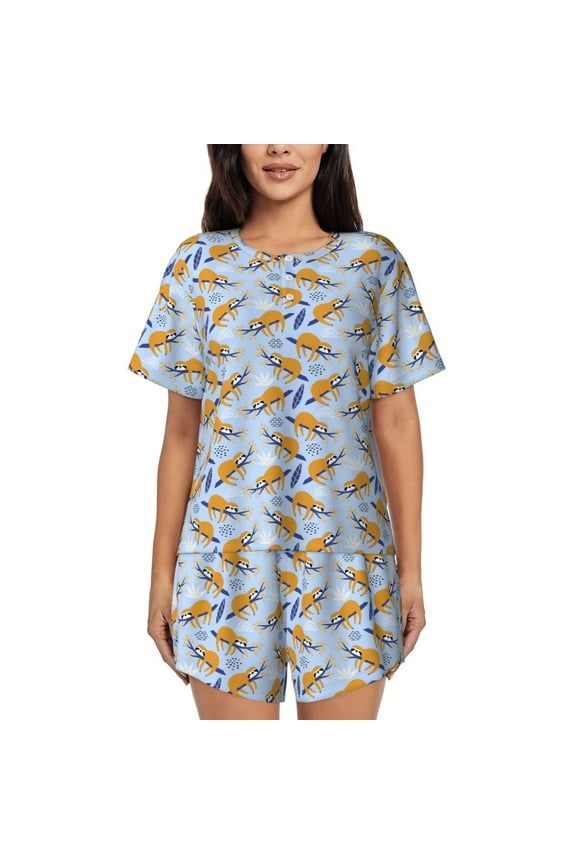 Cute Sloth Print Womens Pajamas Set,Short-Sleeve Pajama 2 Piece Sleepwear with Pockets-Medium