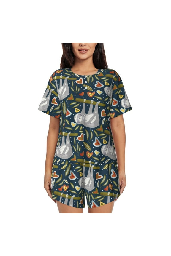 Cute Sloth Print Womens Pajamas Set,Short-Sleeve Pajama 2 Piece Sleepwear with Pockets-Small