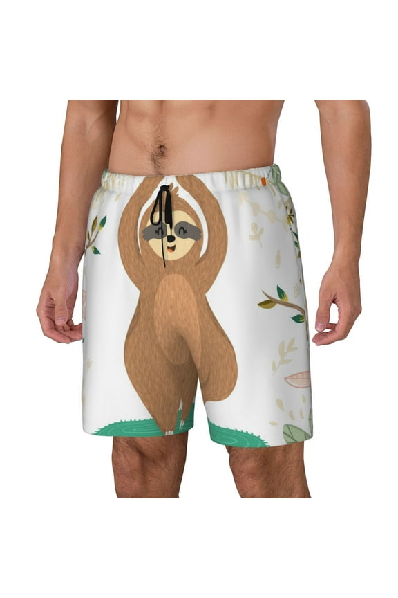 Cute Sloth In Yoga Pose Tree Print Men's Swim Trunk,Quick Dry Board Shorts ,Men's Swim Trunks with Compression Liner, Bathing Suits with Pockets-Large