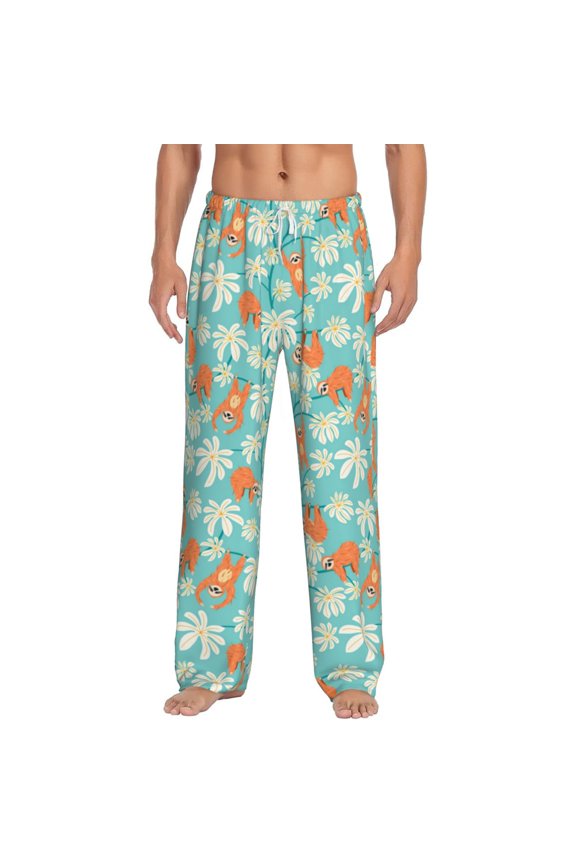 Cute Sloth on Floral Tree Print Pajama Pants for Men,Men’s Pajama Bottoms,Mens PJ Pants with Pockets & Button Fly-3X-Large