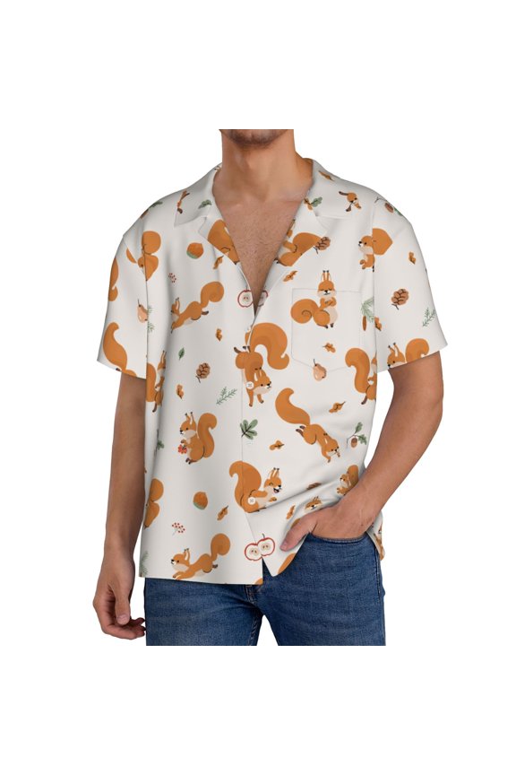 Cute Squirrel Fall Print Men's Button Down Shirts Short Sleeve, Summer Beach Shirts,Vacation Wedding Shirts,Men's Casual Button-Down Shirts with Pocket-Small