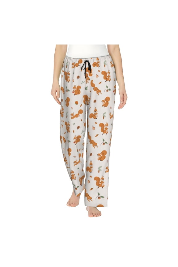 Cute Squirrel Fall Print Women Pajama Pants,Comfy Pj Bottom with Pockets & Drawstring,Stretch Casual Sleepwear-Large