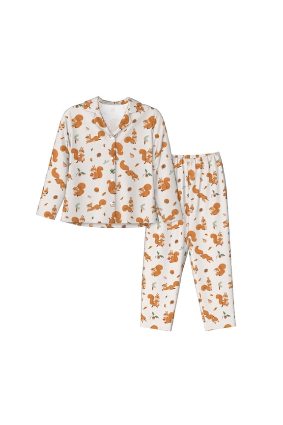 Cute Squirrel Fall Print Womens Pajamas Set,Long Sleeve Sleepwear,Button Down Lounge Set 2 Pieces,Soft Nightwear Pjs Set-Medium