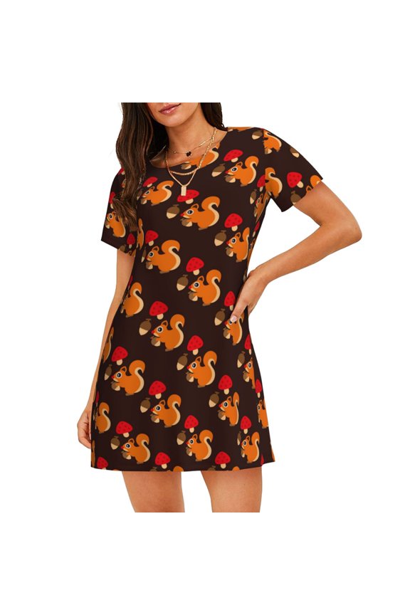 Cute Squirrel Print Nightgowns for Women,Soft Short-Sleeved Lightweight Sleepwear, Loose Sleepshirts