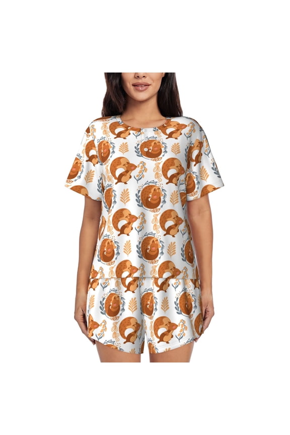 Cute Squirrel Print Womens Pajamas Set,Short-Sleeve Pajama 2 Piece Sleepwear with Pockets-Medium