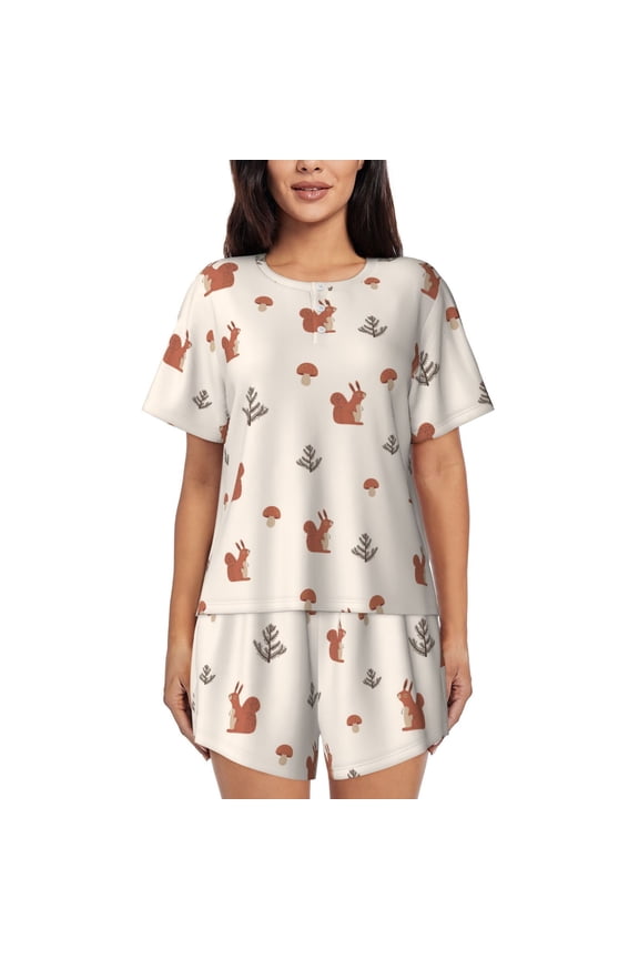 Cute Squirrel Print Womens Pajamas Set,Short-Sleeve Pajama 2 Piece Sleepwear with Pockets-Medium