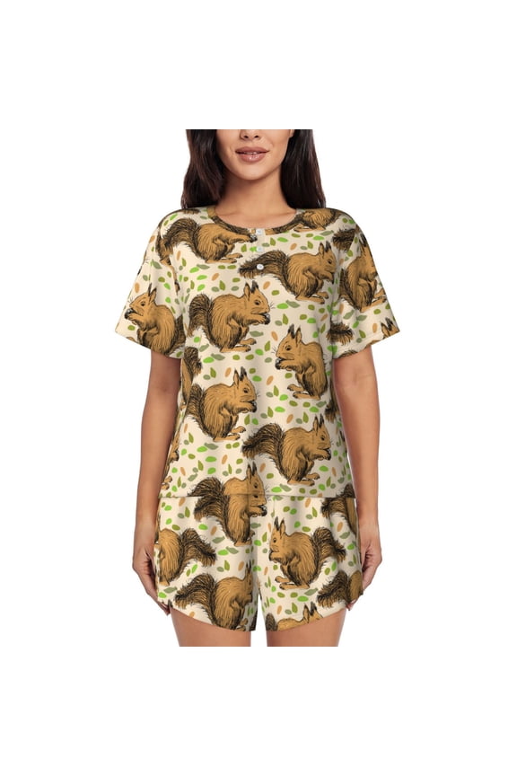 Cute Squirrel with Green Leaves Print Womens Pajamas Set,Short-Sleeve Pajama 2 Piece Sleepwear with Pockets-X-Large