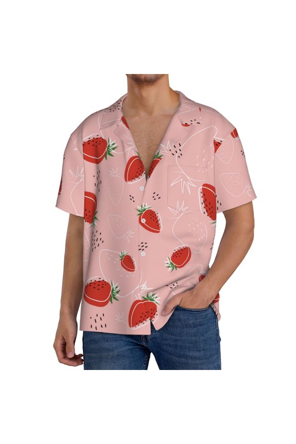 Cute Strawberry C Print Men's Button Down Shirts Short Sleeve, Summer Beach Shirts,Vacation Wedding Shirts,Men's Casual Button-Down Shirts with Pocket-Medium
