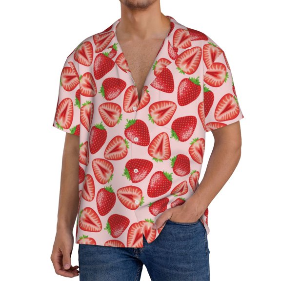 Logiee Cute Strawberry Print Men's Button Down Shirts Short Sleeve, Summer Beach Shirts,Vacation Wedding Shirts,Men's Casual Button-Down Shirts with Pocket-XX-Large