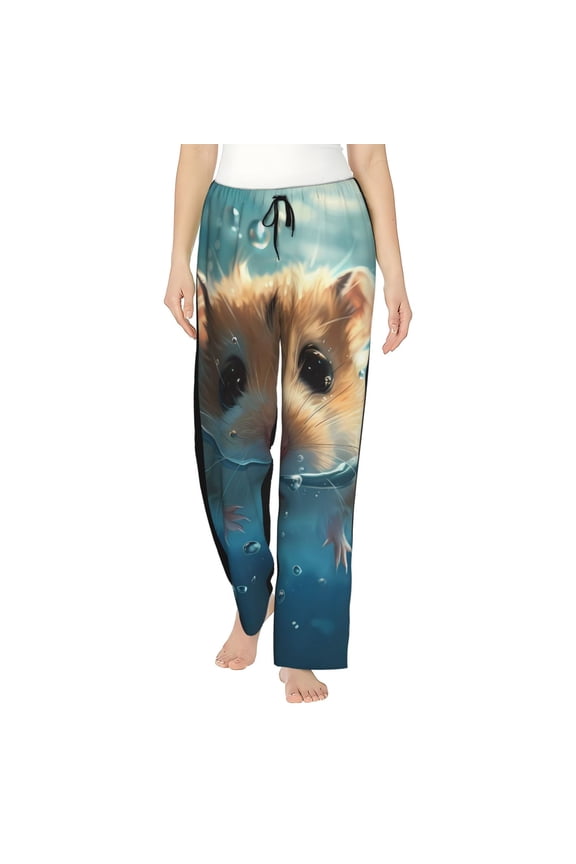 Cute Swimming Guinea Pig Print Women Pajama Pants,Comfy Pj Bottom with Pockets & Drawstring,Stretch Casual Sleepwear-Small