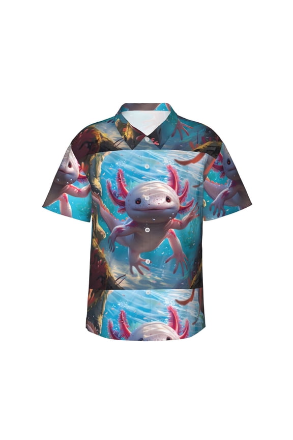 Cute Underwater Axolotl Print Mens Hawaiian Shirts,Loose-Fit Short Sleeve Button Down Tropical Aloha Beach Shirt,Summer Vacation Wedding Tops,3X-Large