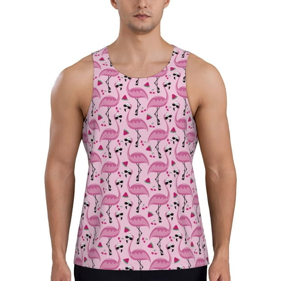 Logiee Cute Watermelon Flamingo Print Men's Workout Tank Top,Quick Dry Workout Tank Top,Gym Muscle Tee,Fitness Bodybuilding Sleeveless T Shirt-Medium