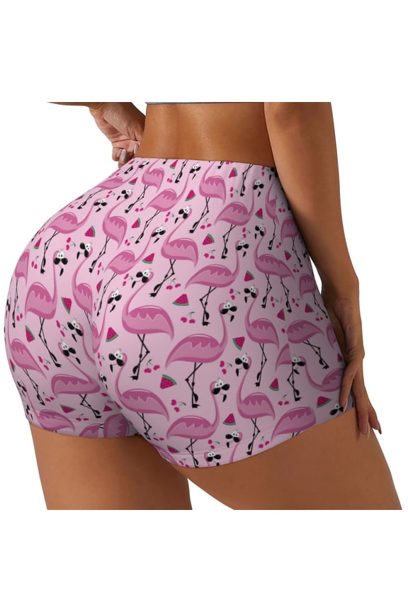 Cute Watermelon Flamingo Print Women's Biker Shorts,Workout Gym Shorts,Scrunch Shorts,Tummy Control Hidden Scrunch Running Yoga Shorts-Medium