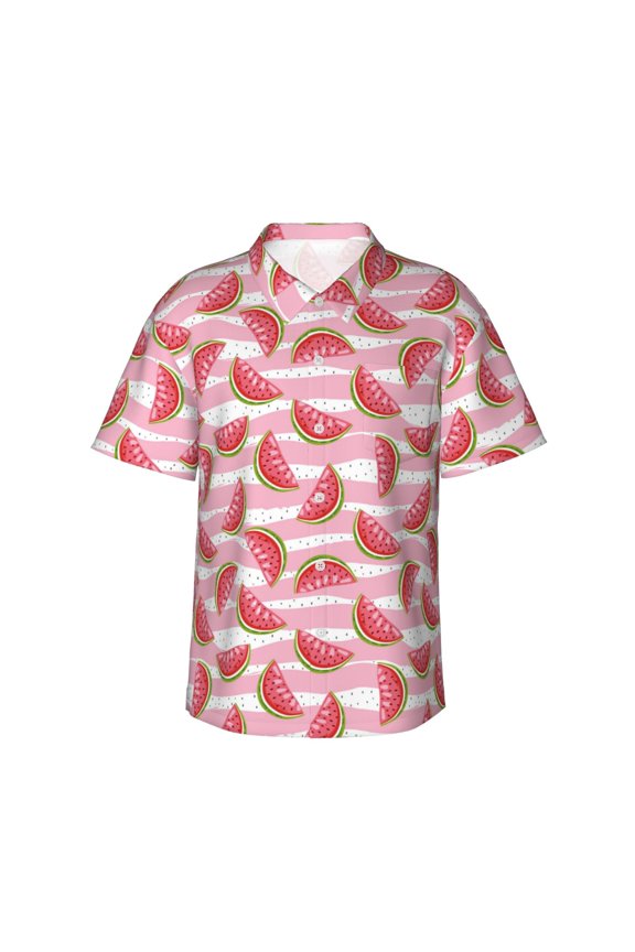 Cute Watermelon Print Mens Hawaiian Shirts,Loose-Fit Short Sleeve Button Down Tropical Aloha Beach Shirt,Summer Vacation Wedding Tops,Small