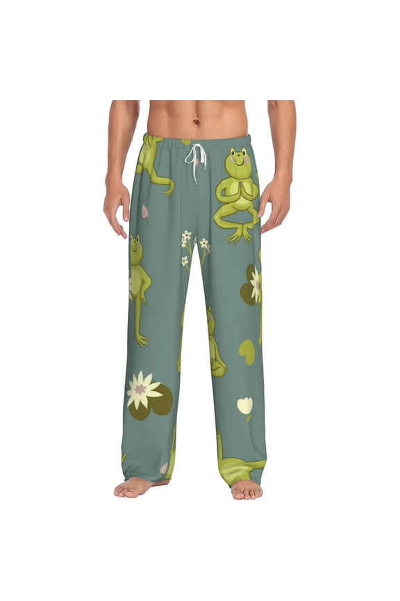 Cute Yoga Frogs Print Pajama Pants for Men,Men’s Pajama Bottoms,Mens PJ Pants with Pockets & Button Fly-Small