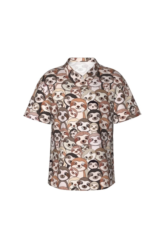 Cute brown sloth monkey Print Mens Hawaiian Shirts,Loose-Fit Short Sleeve Button Down Tropical Aloha Beach Shirt,Summer Vacation Wedding Tops,Medium