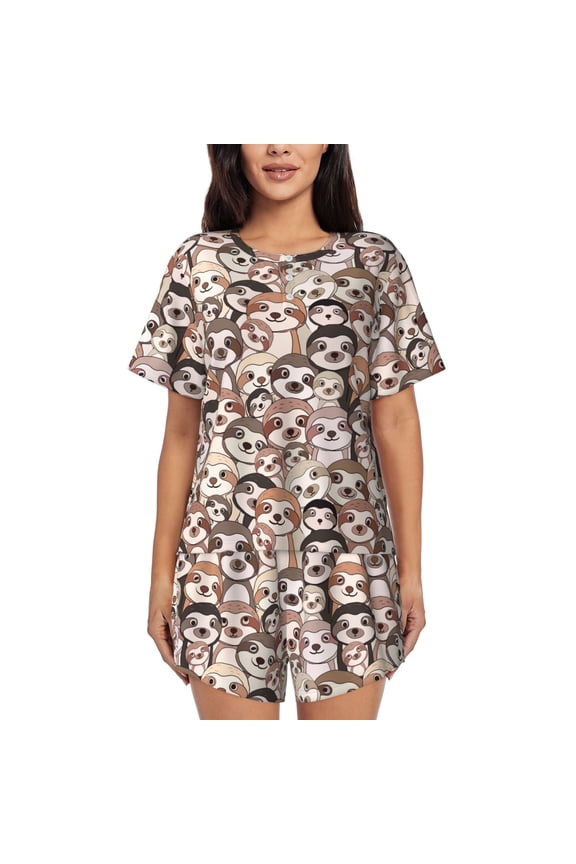 Brown Sloth Print Womens Pajamas Set,Short-Sleeve Pajama 2 Piece Sleepwear with Pockets-Small