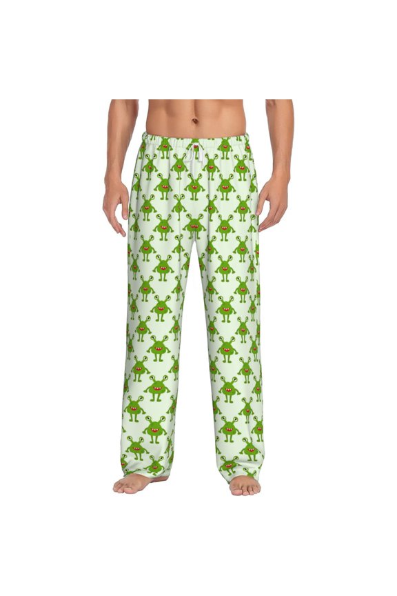 Cute green monster Print Pajama Pants for Men,Men’s Pajama Bottoms,Mens PJ Pants with Pockets & Button Fly-3X-Large