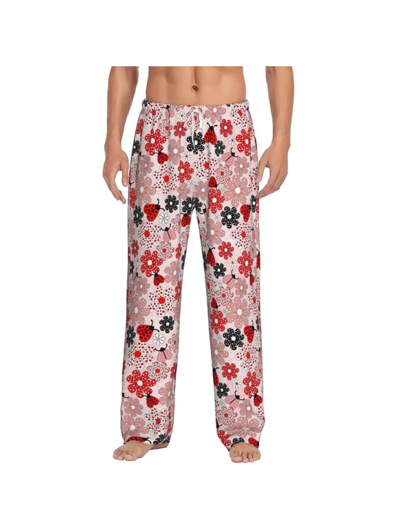 Cute ladybugs red Print Pajama Pants for Men,Men’s Pajama Bottoms,Mens PJ Pants with Pockets & Button Fly-Large