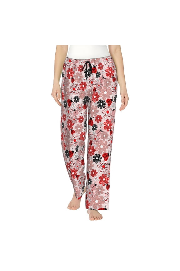 Cute ladybugs red Print Women Pajama Pants,Comfy Pj Bottom with Pockets & Drawstring,Stretch Casual Sleepwear-Small