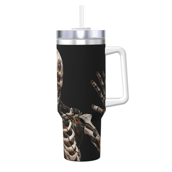 Logiee Cyber Skeleton With Tattoos Print 40OZ Ice Bully Cup with Handle and Straw, Double Wall Stainless Steel Tumbler,Travel Coffee Cup with Lid, Summer Insulation and Cooling Cup
