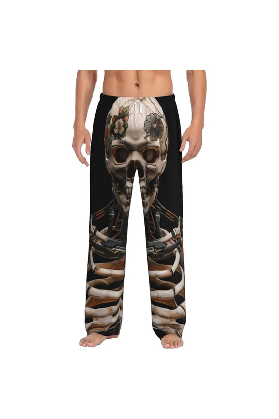 Cyber Skeleton With Tattoos Print Pajama Pants for Men,Men’s Pajama Bottoms,Mens PJ Pants with Pockets & Button Fly-XX-Large