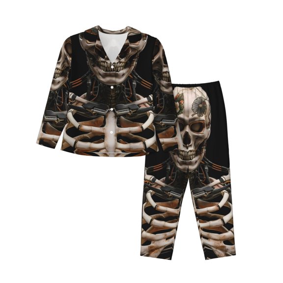 Logiee Cyber Skeleton With Tattoos Print Womens Pajamas Set,Long Sleeve Sleepwear,Button Down Lounge Set 2 Pieces,Soft Nightwear Pjs Set-Large