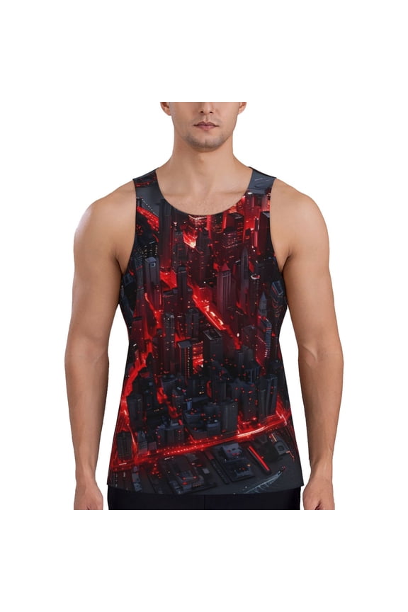 Cyberpunk Cityscape Lights Print Men's Workout Tank Top,Quick Dry Workout Tank Top,Gym Muscle Tee,Fitness Bodybuilding Sleeveless T Shirt-Medium