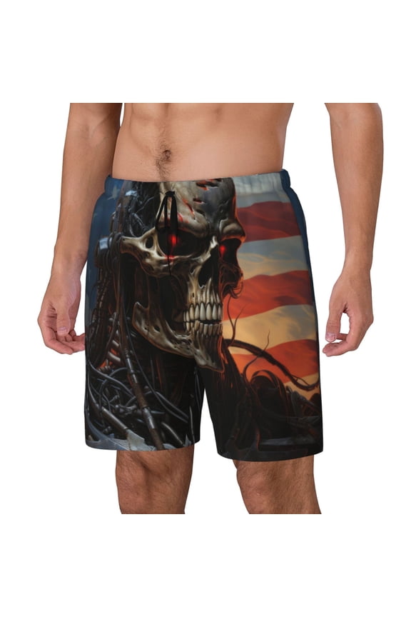 Cyberpunk Skull American Flag Print Men's Swim Trunk,Quick Dry Board Shorts ,Men's Swim Trunks with Compression Liner, Bathing Suits with Pockets-3X-Large