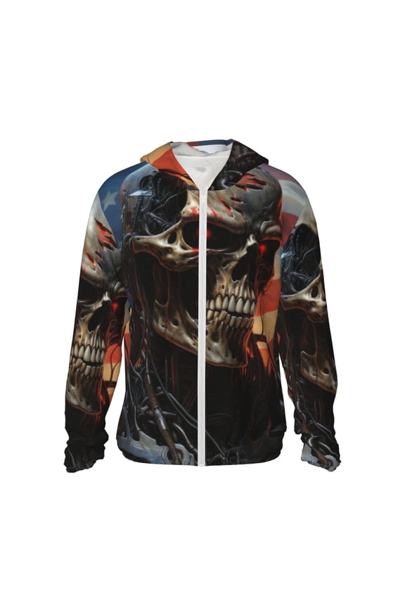 Cyberpunk Skull American Flag Print Men's Women Light Jacket Full Zip Sun Protection Hoodie Long Sleeve Sun Shirts for Men Hiking Fishing Zip Pockets-X-Large