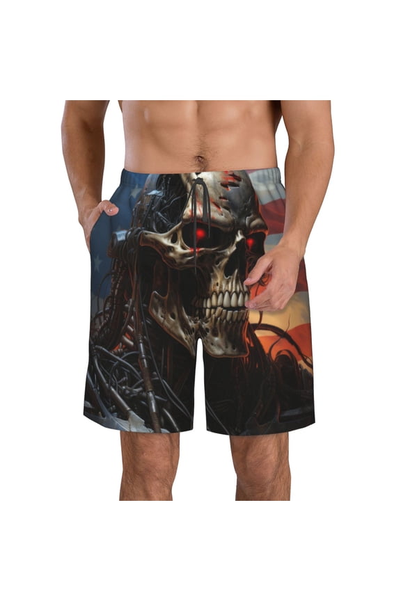Cyberpunk Skull American Flag Print Mens Swim Trunks Quick Dry Board Shorts,Breathable Hawaii Beach Shorts Swimwear Bathing Suits-Large