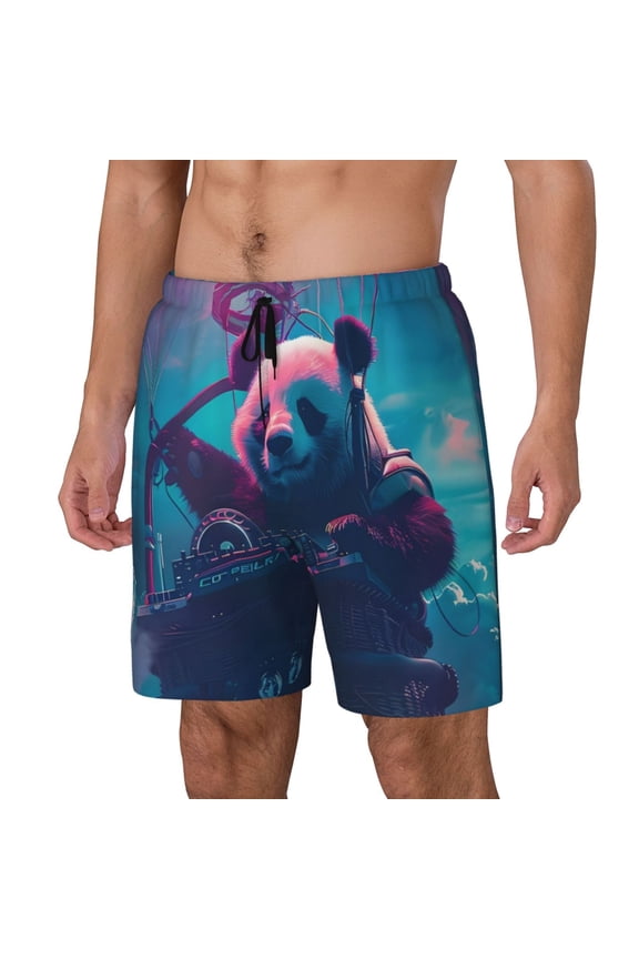 DJ Panda Hot Air Balloon Print Men's Swim Trunk,Quick Dry Board Shorts ,Men's Swim Trunks with Compression Liner, Bathing Suits with Pockets-XX-Large