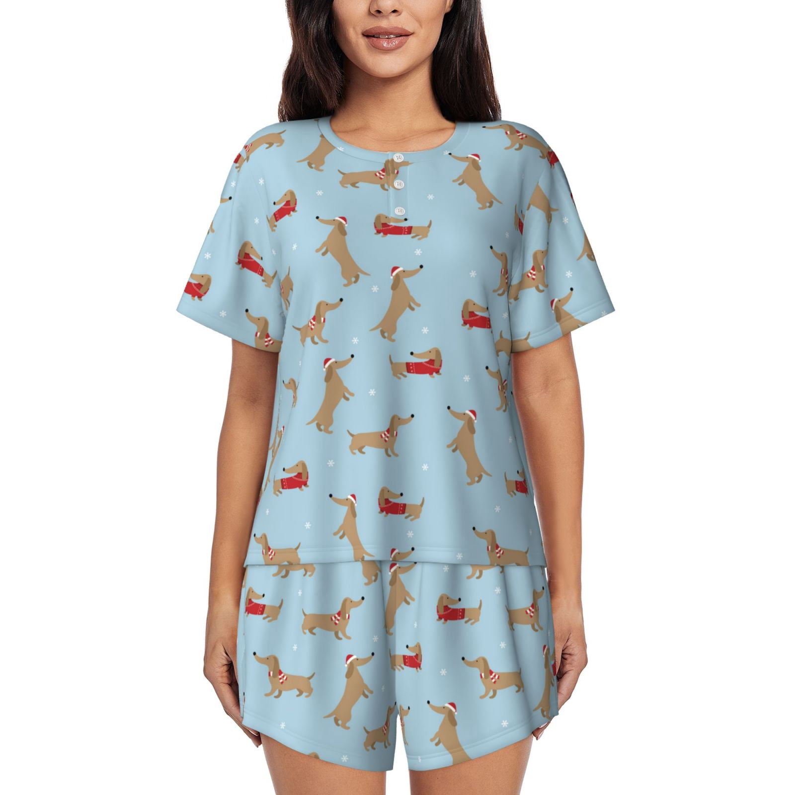 Logiee Dachshund Dog Print Womens Pajamas Set,Short-Sleeve Pajama 2 ...
