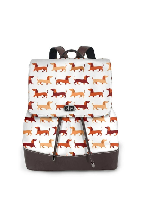 Dachshund Walking Print Women's Leather Backpack,Travel Laptop Backpack,Fashion Ladies Leather Backpack Bag for Travel,Leather Drawstring Daypack for Me
