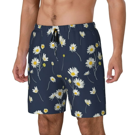 Logiee Daisies Flowers Print Men's Swim Trunk,Quick Dry Board Shorts ,Men's Swim Trunks with Compression Liner, Bathing Suits with Pockets-Large