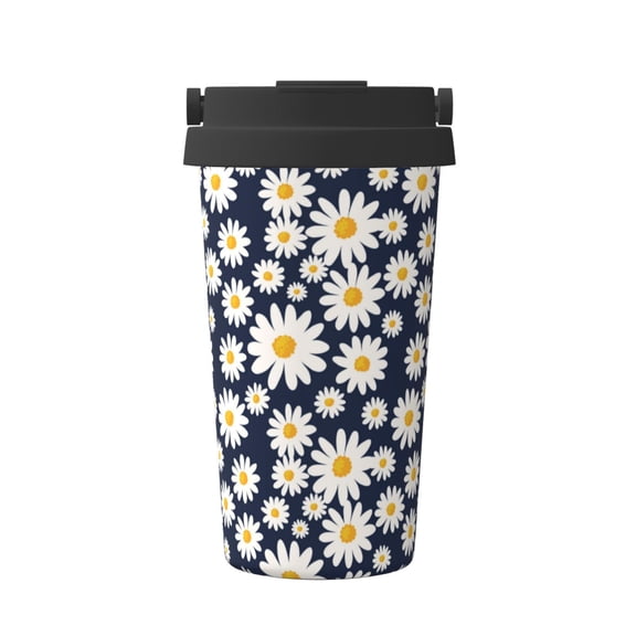 Logiee Daisy Floral Print Stainless Steel Coffee Tumbler, Travel Coffee Mug, Insulated Coffee Mug with Lid, Spill Proof Coffee Cup, Portable Thermal Mug