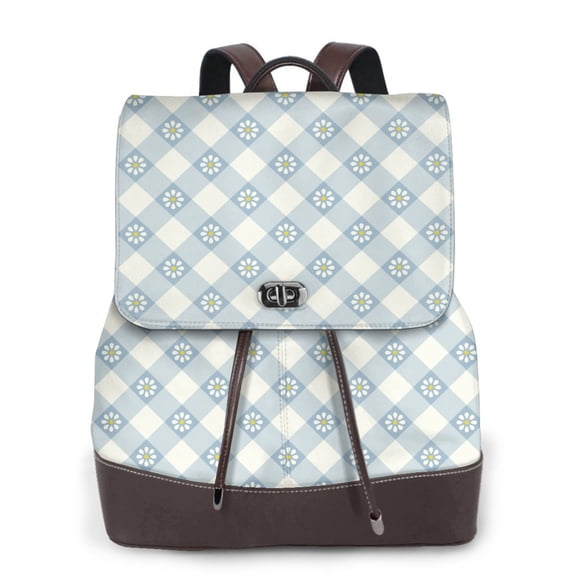 Fuzoiu Daisy Plaid Blue Print Women's Leather Backpack,Backpack in Leather with Adjustable Strap,College Bookbag for School,Work Business Backpack