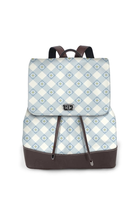 Fuzoiu Daisy Plaid Blue Print Women's Leather Backpack,Backpack in Leather with Adjustable Strap,College Bookbag for School,Work Business Backpack