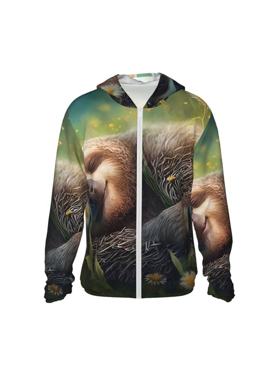 Daisy Sleeping Sloth Print Men's Women Light Jacket Full Zip Sun Protection Hoodie Long Sleeve Sun Shirts for Men Hiking Fishing Zip Pockets-3X-Large