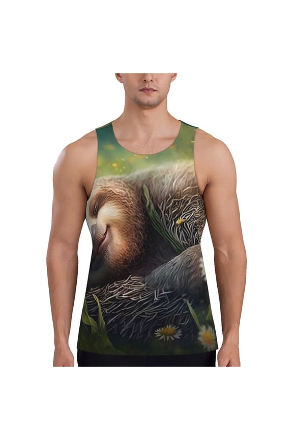 Daisy Sleeping Sloth Print Men's Workout Tank Top,Quick Dry Workout Tank Top,Gym Muscle Tee,Fitness Bodybuilding Sleeveless T Shirt-Small