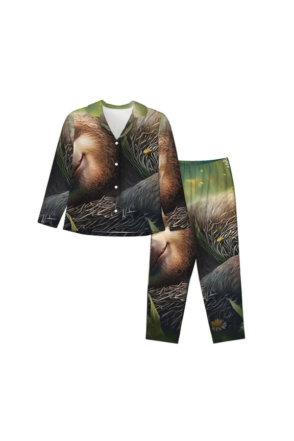 Daisy Sleeping Sloth Print Womens Pajamas Set,Long Sleeve Sleepwear,Button Down Lounge Set 2 Pieces,Soft Nightwear Pjs Set-X-Large